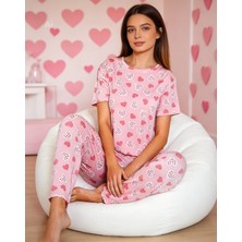 NiCe İç Giyim Bisiklet Yaka Pembe Renk Kalp Desen Milan Kumaş Yumuşak Kadın Pijama Takım