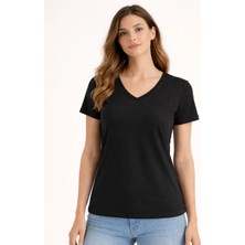 Organickid Basic Kadın V Yaka Semi-Fitted Siyah T-Shirt