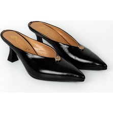 E.R.S Air Comfort Siyah Rugan Hakiki Deri Düz Sivri Burun Şık Topuklu Terlik