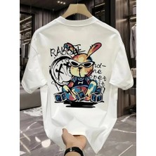 Baskılı Oversize Bisiklet Yaka T-Shirt - Beyaz