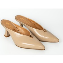 E.R.S Air Comfort Bej Rugan Hakiki Deri Düz Sivri Burun Şık Topuklu Terlik