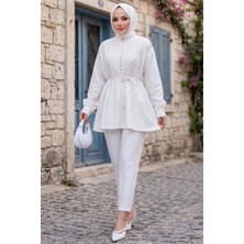 Hafsa Mina Nervürlü Yarım Pat Düğmeli Tunik Beyaz HM2886
