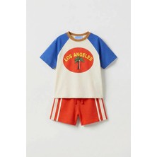 Magu Unisex Çocuk Pamuklu Ekru Saks Mavi Los Angeles Baskılı Tişört Şort Takım