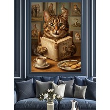 Artmeg Kitap Okuyan ve Kahve Içen Kedi Dekoratif Kanvas - Mdf Ahşap Tablo