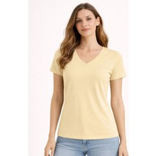Organickid Basic Kadın V Yaka Semi-Fitted Bej T-Shirt