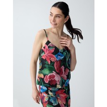 Jimmy Key Siyah Keten Karışımlı Çiçek Desenli V Yaka Dokuma Bluz