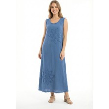 Eliş Şile Bezi Kolsuz Ferah Bisiklet Yaka Yazlık Otantik Müslin Uzun Elbise Indigo Indg