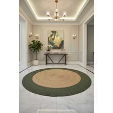 Home İnn Tekstil Home İnn Yuvarlak Halı Yeşil Bordürlü Natural | Doğal Tonlu Şık Salon Halısı | Huzurlu Ev Dekoru