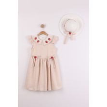 Joy Kids Kız Çocuk Astarlı Şapka Hediyeli Keten Elbise (6-9yaş) (Bej)