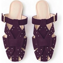 Ne&Ve Shoes Mürdüm Süet Pim Detaylı ve Tokalı Kadın Kare Burun Sabo Terlik