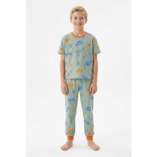 Bunny Hopp Bunnyhopp Yazlık Kısa Kollu Dinazor Desenli Erkek Çocuk Pijama Takımı - %100 Pamuklu Yeşil Set