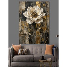 Artmeg Altın Detaylı Beyaz Çiçek Tasarımı Dekoratif Kanvas - Mdf Ahşap Tablo