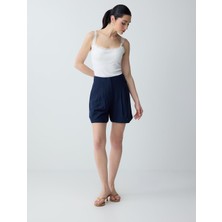 Jimmy Key Lacivert Keten Karışımlı Yüksek Bel Dokuma Şort