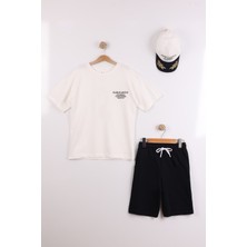 Joy Kids Erkek Çocuk Şapkalı Yazlık Basic Takım (11-14YAŞ) (Beyaz-Siyah)