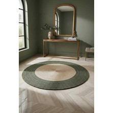 Home İnn Yuvarlak Hasır Görünümlü Halı – Yeşil Kenarlı Bohem Stil Dekoratif Halı