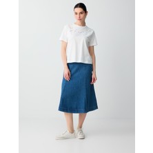 Jimmy Key Koyu Indigo Mavi %100 Pamuk Yüksek Bel Rahat Kesim Midi Denim Etek