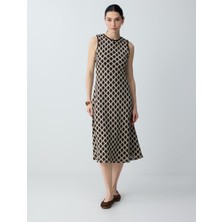 Jimmy Key Acı Kahve %100 Pamuk Baklava Desenli Yuvarlak Yaka Midi Elbise