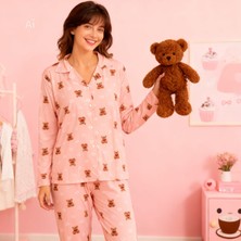 NiCe İç Giyim Pembe Renk Ayıcık & Kalp Desen Gömlek Yaka Düğmeli Milan Kumaş Baharlık Uzun Kol Kadın Pijama Takım