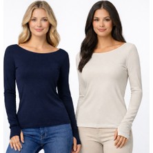Hayalet Kadın Ikili Set Ultra Soft Premium Relax Basic T-Shirt – Parmak Geçirmeli, Slim Fit, Uzun Kollu