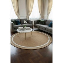 Home İnn Yuvarlak Hasır Görünümlü Dekoratif Halı – Modern Bohem Stil Salon Halısı, Minimal Tarz Halı