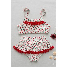 Trend Bebe Butik Kız Çocuk Kiraz Desenli Ponpon Detaylı Etekli Bikini Takımı