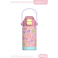 Vagonlife 360 ml Çocuk Termosu Tek Kapak Çift Kullanım Pipetli Rahat Içim Kulplu Paslanmaz Çelik Termos 1104-360ML