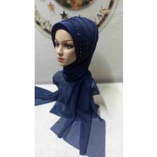 Ergül Hazır Duvak Simli Lacivert Üç Sıra Işlemeli Duvak,hazır Duvak,düğün,hazır Şal,hazır Türban,abiye Şal,sünnet,nişan,söz