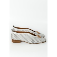 E.R.S Air Comfort Beyaz Hakiki Deri Zımbalı Kare Burunlu Şık Babet Ayakkabı