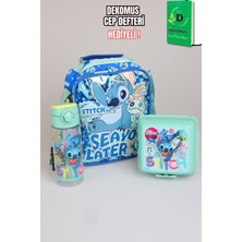 x Dekomus Lisanslı Stitch "ıconic Blue Collection" Termoslu Beslenme Çantası, 500 ml Matara ve Beslenme Kabı Seti