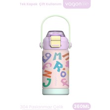 Vagonlife 360 ml Çocuk Termosu Tek Kapak Çift Kullanım Pipetli Rahat Içim Kulplu Paslanmaz Çelik Termos 1104-360ML