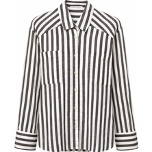 Mixray 4650 Kadın Robalı Hafif Transparan Çizgili Basic Gömlek Kahve