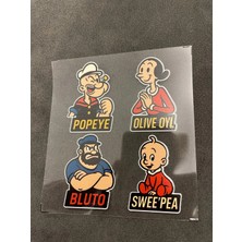 Popeye 4 Adet Su Geçirmez Etiket Baskı (Popeye, Olive Oyl, Bluto, Swee’pea)