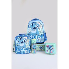 x Dekomus Lisanslı Stitch "ıconic Blue Collection" Okul, Termoslu Beslenme ve Kalem Çantası, 500 ml Matara ve Beslenme Kabı Seti