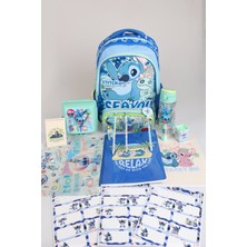 x Dekomus Lisanslı Stitch "ıconic Blue Collection" Kırtasiye Seti Okul ve Kalem Çantası, 500 ml Matara, Beslenme Kabı Seti