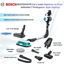 Bosch BCS71HYGTR 2'si 1 Arada Süpürme ve Silme, Unlimited 7 Prohygienic Şarjlı Süpürge Aqua Beyaz