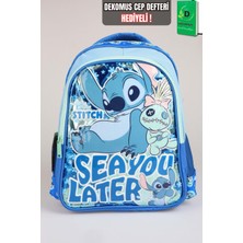 x Dekomus Lisanslı Stitch "ıconic Blue Collection Collection" Özel Tasarım Büyük Boy Okul Çantası "dekomus Cep Defteri Hediyeli"