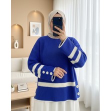 Moda Morfo Yanları Düğmeli Örgü Desen Triko Kazak -Saks