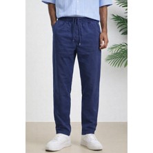 Tarz Cool Lacivert Renk Erkek Yazlık Keten Karışımı Relaxed Pantolon