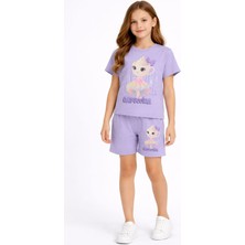 Cansın Mini Lila Balerin Desenli Tişörtlü Kız Çocuk Şortlu 2li Takım 23879
