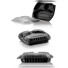 Abnturk 3 Gözlü Siyah Plastik Kap Yemek Kabı Kapaklı 50 Adet