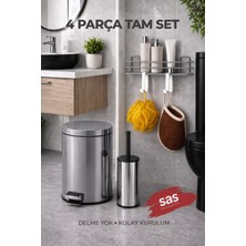 Sas Haus 4 Parça Banyo Aksesuar Seti Yapışkanlı Duvar Rafı 5 Lt Çöp Kovası Tuvalet Fırça Krom Titan 7104