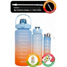Eldorado Motivasyonel Su Matarası 3lü Set BPA İçermez Mavi Renkli Su Şişesi ve Suluk VLT1288