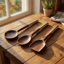 Delixa AMBERHAUS%100 Doğal Akasya & Paslanmaz 3’lü Mutfak Seti | Kaşık, Spatula, Kevgir | Isıya Dayanıklı Ş