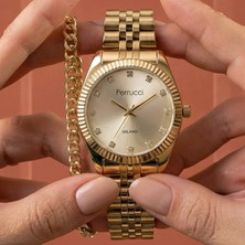 Ferrucci Bileklik Hediyeli Altın Sarısı Kadın Kol Saati 30 mm Jübile Çelik Bilezik Kesme Cam 2 Yıl Garantili