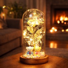 Multizone LED Işıklı Gül Fanus Ayıcıklı Dekoratif Lamba Sevgiliye Hediye Romantik Biblo Gece Lambası