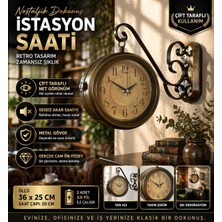 Çift Taraflı Istasyon Saati Eskitme Metal Retro Duvar Saati 36X25 cm Vintage Saat