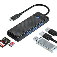 Type-C To 3.0 Tf Sd Kart Okuyucu 3 Portlu USB 3.0 Çoklayıcı Adaptör Siyah
