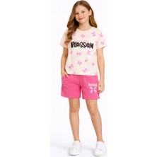 Cansın Mini Pembe Fiyonk Desenli Bisiklet Yaka Tişörtlü Kız Çocuk Şortlu Takım 23882