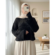 Moda Morfo Ajurlu Ponponlu Uzun Kol Triko Kazak -Siyah