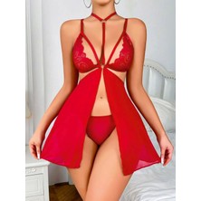 Cavalle Milano Passionate Red V-Neck Transparan Tül Gecelik & String Takım